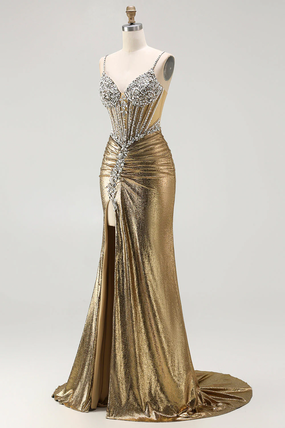 Corset doré scintillant, corset perlé, lacet dans le dos, longue robe de bal avec fente - Image 3