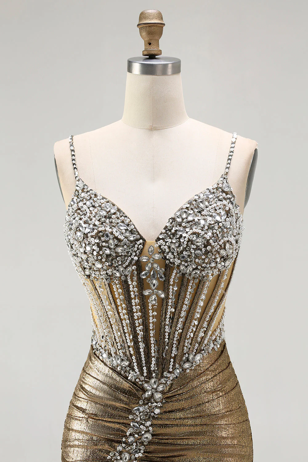 Corset doré scintillant, corset perlé, lacet dans le dos, longue robe de bal avec fente - Image 4