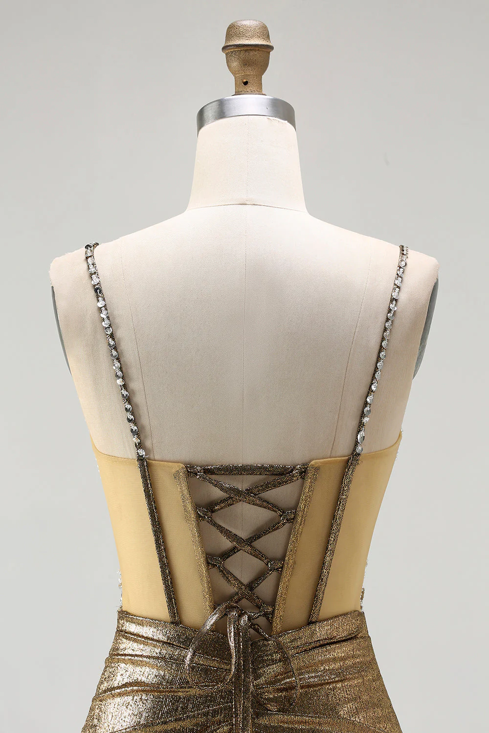 Corset doré scintillant, corset perlé, lacet dans le dos, longue robe de bal avec fente - Image 5