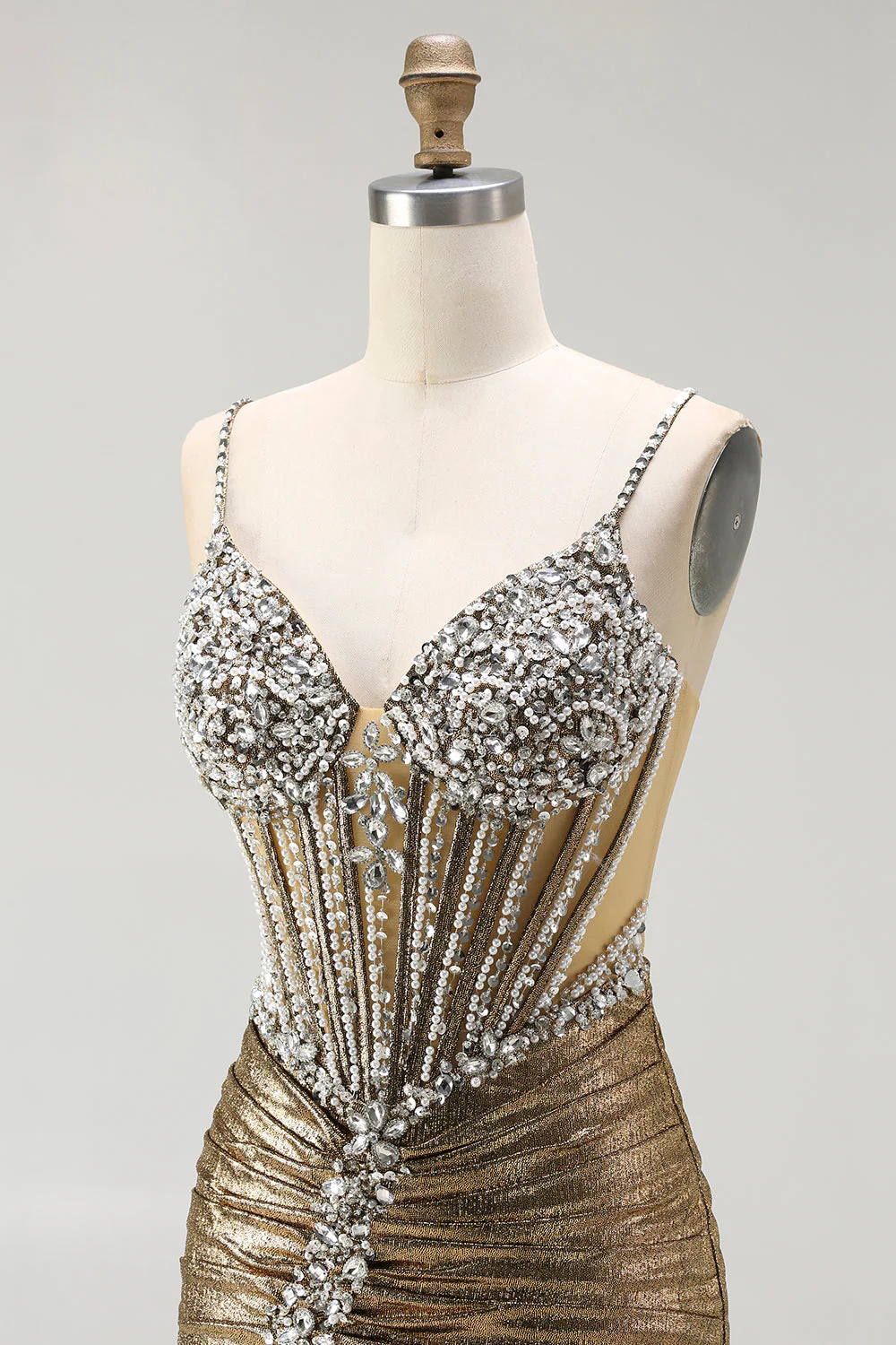 Corset doré scintillant, corset perlé, lacet dans le dos, longue robe de bal avec fente - Image 6