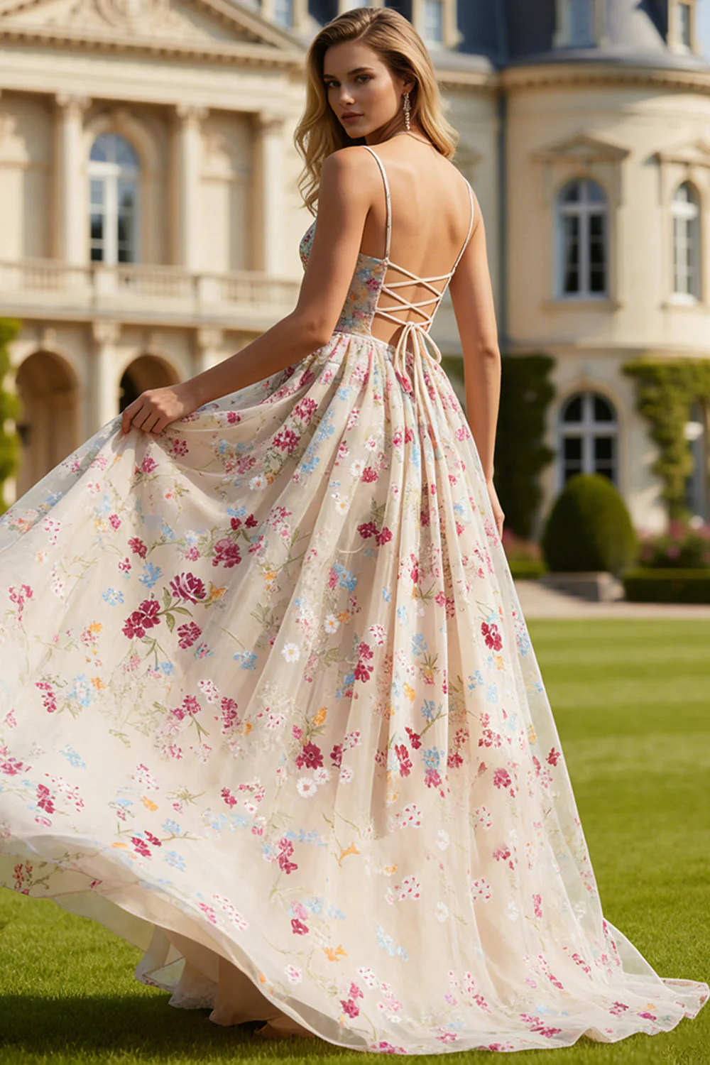 Corset en fleur d’ivoire ligne A, lacet dans le dos, longue robe de bal avec nœud de promo - Image 2