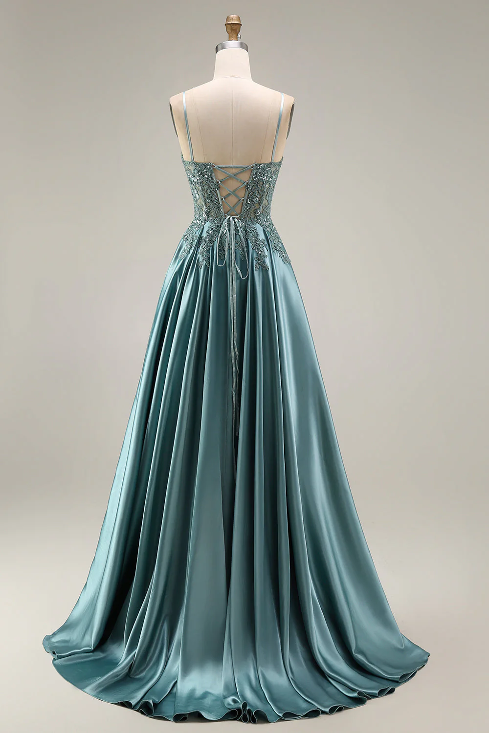Robe de bal longue agave satin ligne A bustier perlée appliquée avec fente - Image 2