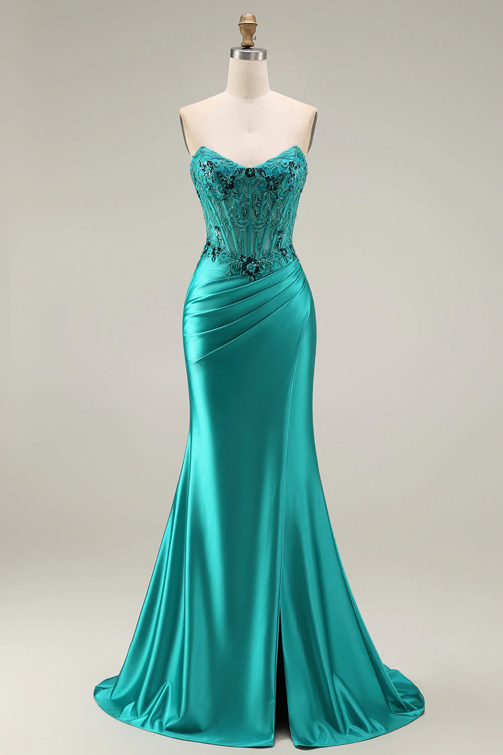 Robe de soirée longue sirène paon en satin bustier avec fente