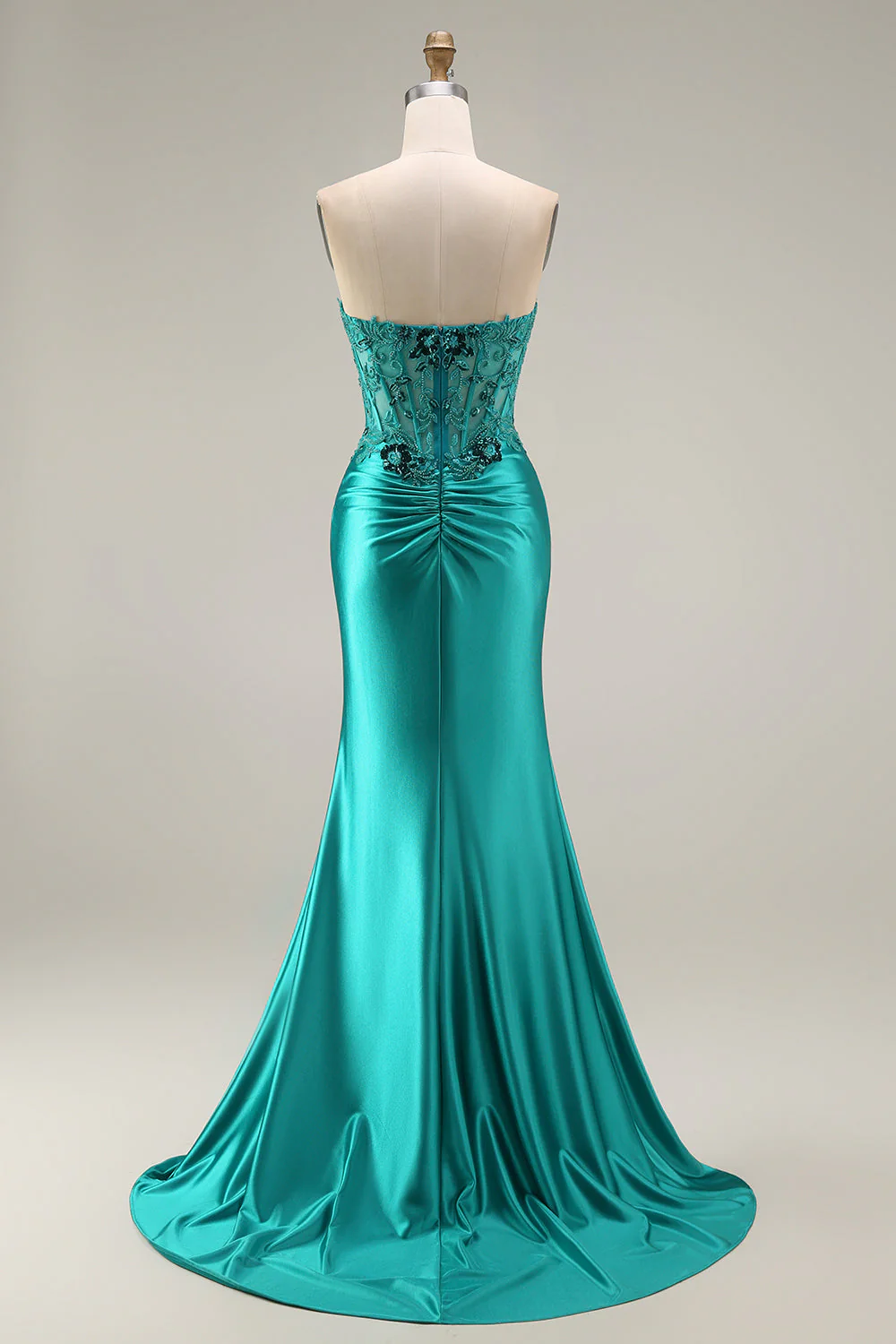Robe de soirée longue sirène paon en satin bustier avec fente - Image 2