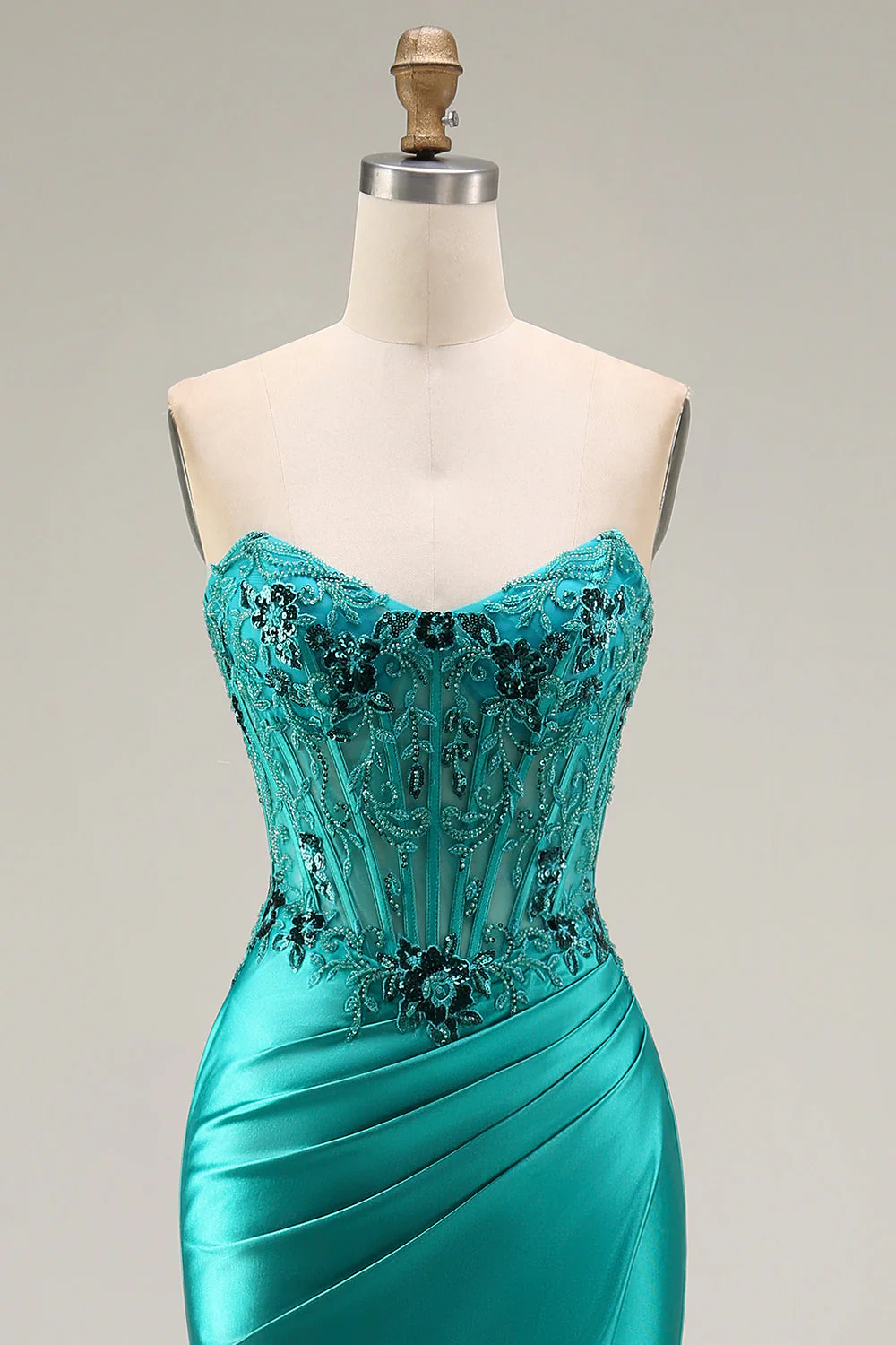 Robe de soirée longue sirène paon en satin bustier avec fente - Image 5
