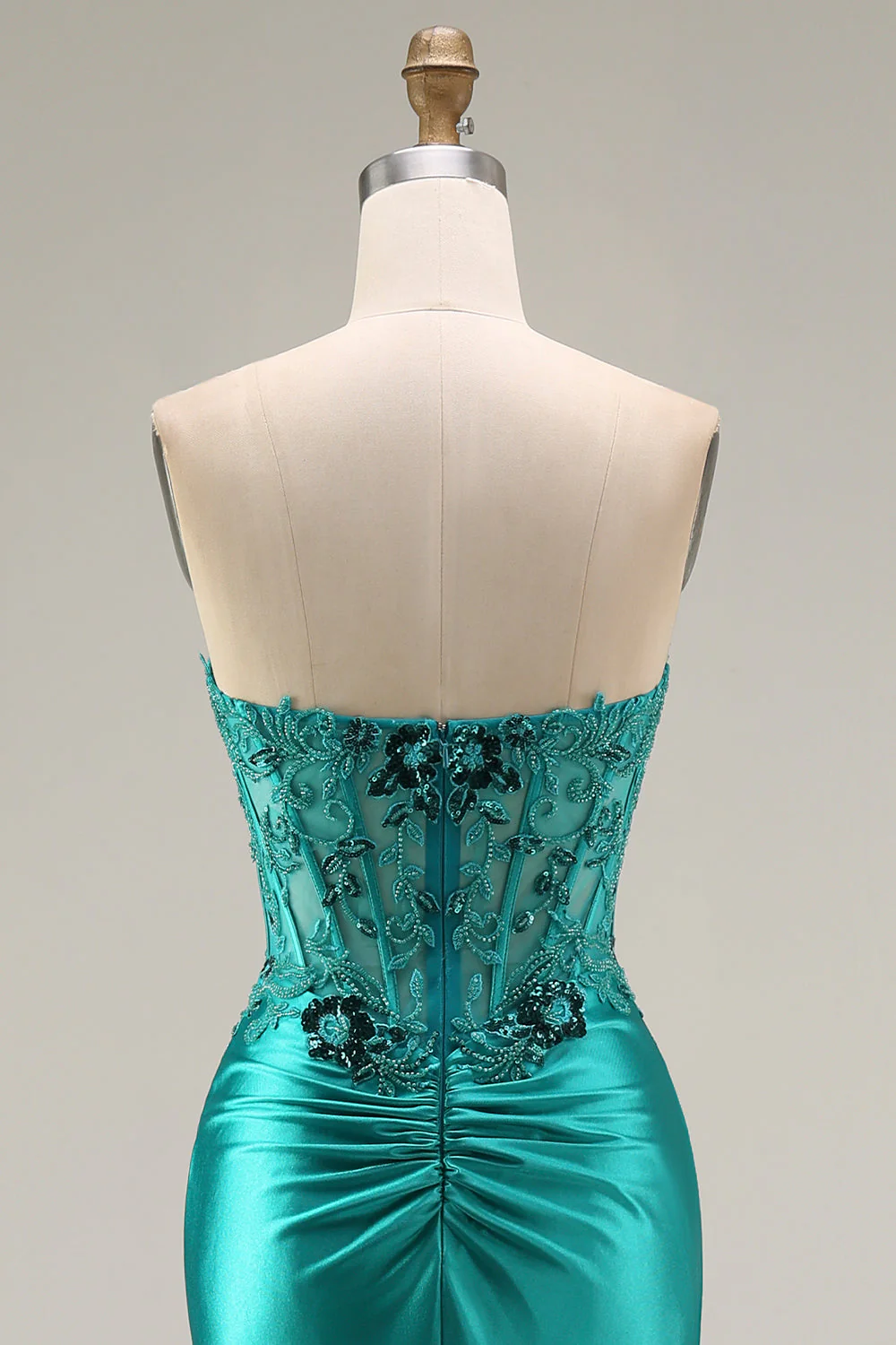 Robe de soirée longue sirène paon en satin bustier avec fente - Image 6