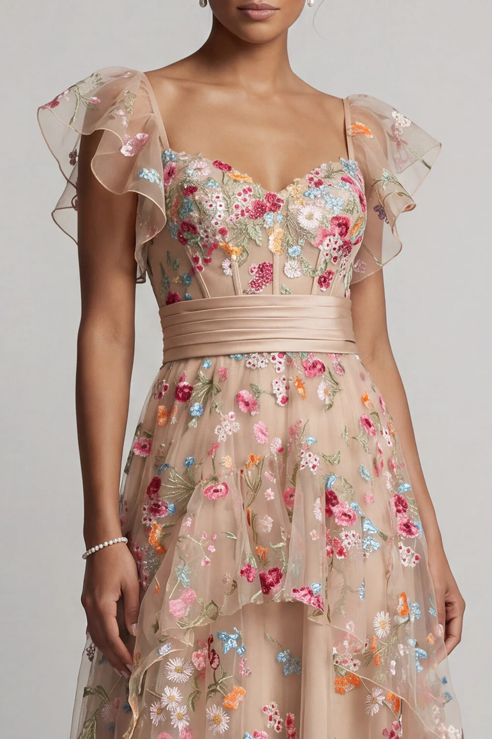 Corset en tulle A-Line Champagne Brodé Fleur High-Low Robe de la Mère de la Mariée - Image 4
