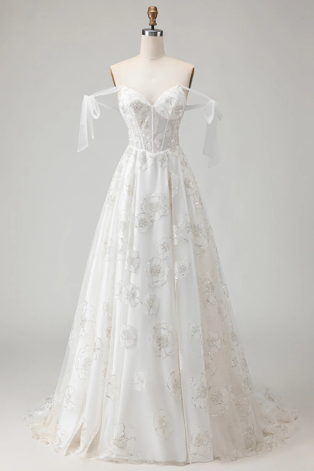 Corset en tulle brodé blanc Ligne A à bretelles fines robe de mariée longue avec nœud pappillon