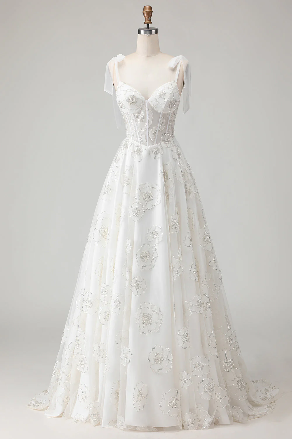 Corset en tulle brodé blanc Ligne A à bretelles fines robe de mariée longue avec nœud pappillon - Image 5