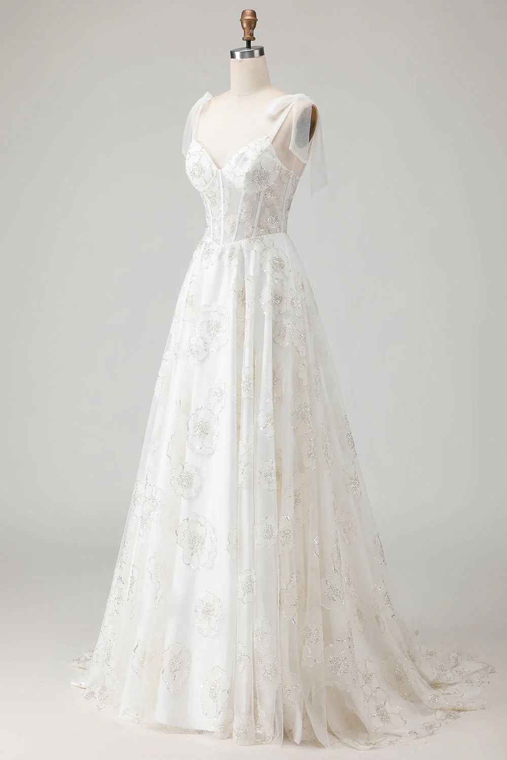 Corset en tulle brodé blanc Ligne A à bretelles fines robe de mariée longue avec nœud pappillon - Image 6