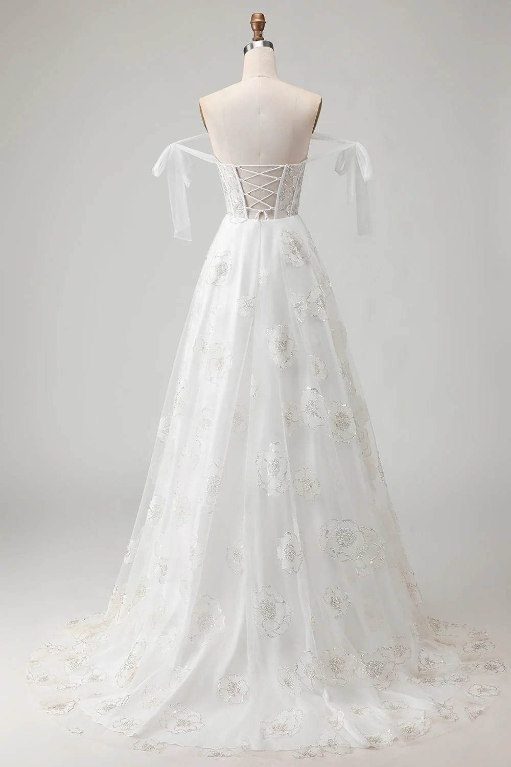 Corset en tulle brodé blanc Ligne A à bretelles fines robe de mariée longue avec nœud pappillon - Image 7