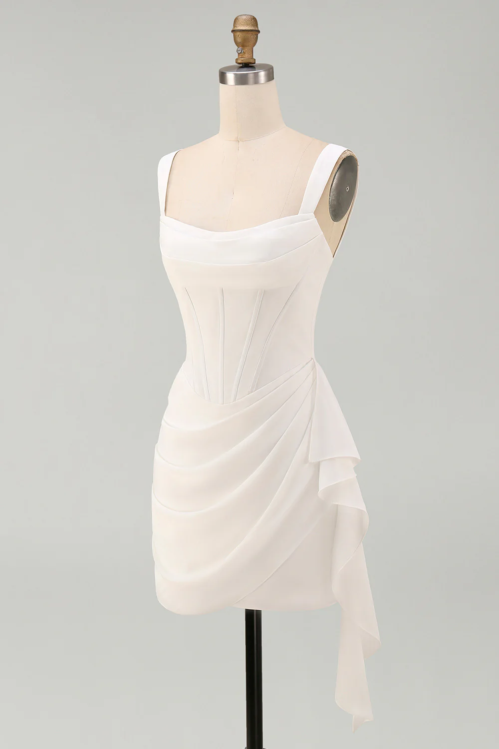 Robe bodycon mini ivoire bustier col carré froncée à volants - Image 7