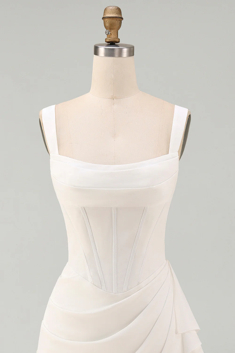 Robe bodycon mini ivoire bustier col carré froncée à volants - Image 8