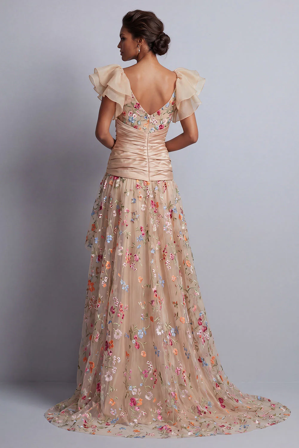 Corset en tulle ligne A à ligne Champagne High-Low Rose fleurie Mère de la Mariée brodée - Image 2