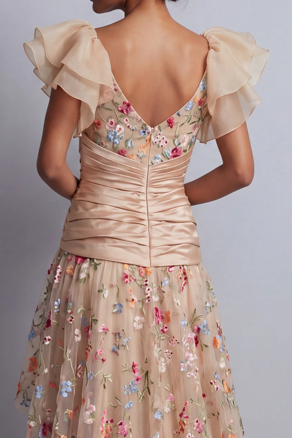Corset en tulle ligne A à ligne Champagne High-Low Rose fleurie Mère de la Mariée brodée - Image 5