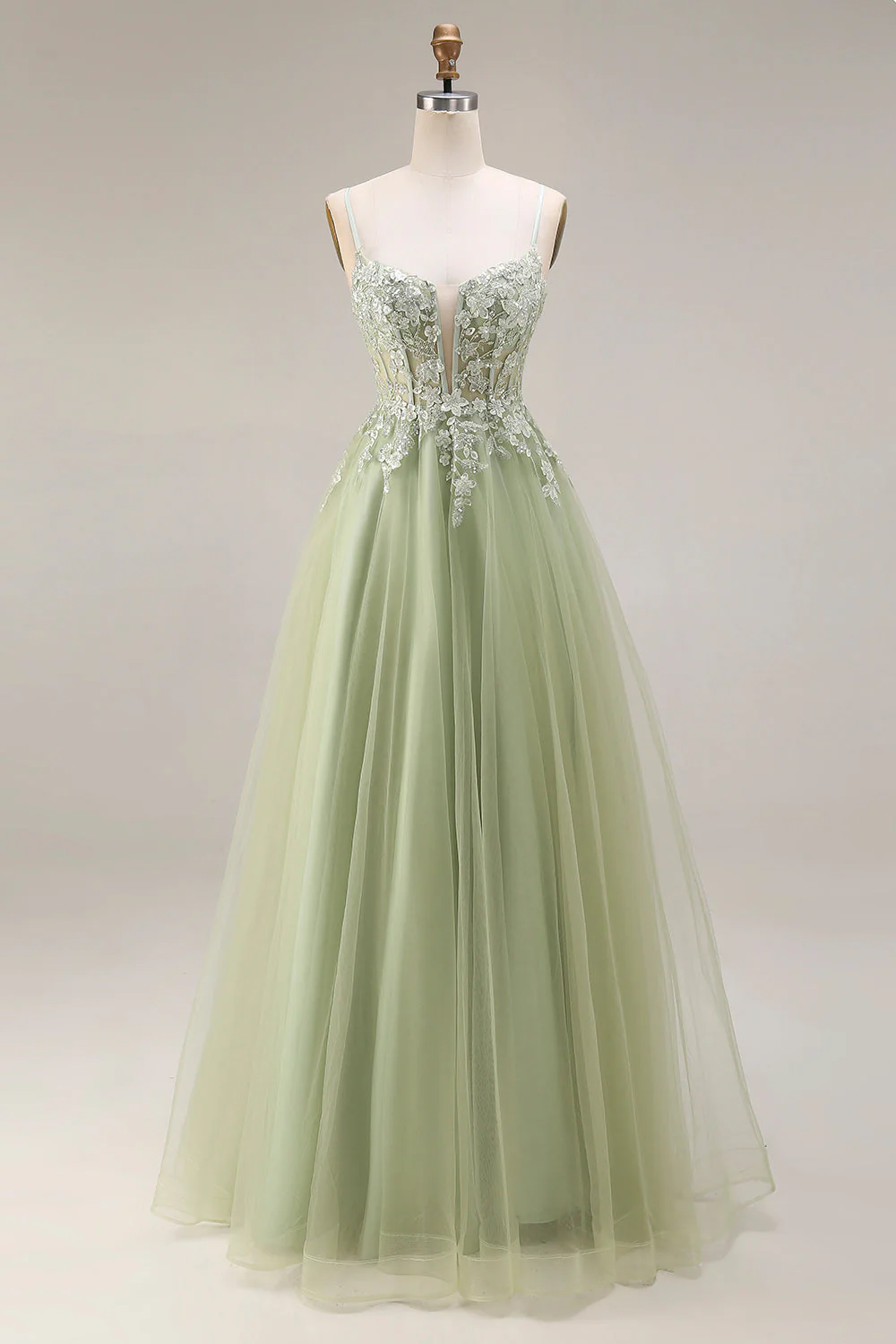 Corset en tulle vert clair ligne A à bretelles fines avec des ongles de promo longue robe de bal
