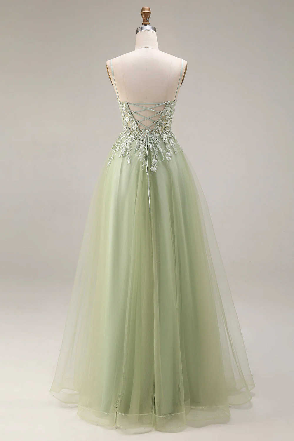 Corset en tulle vert clair ligne A à bretelles fines avec des ongles de promo longue robe de bal - Image 2