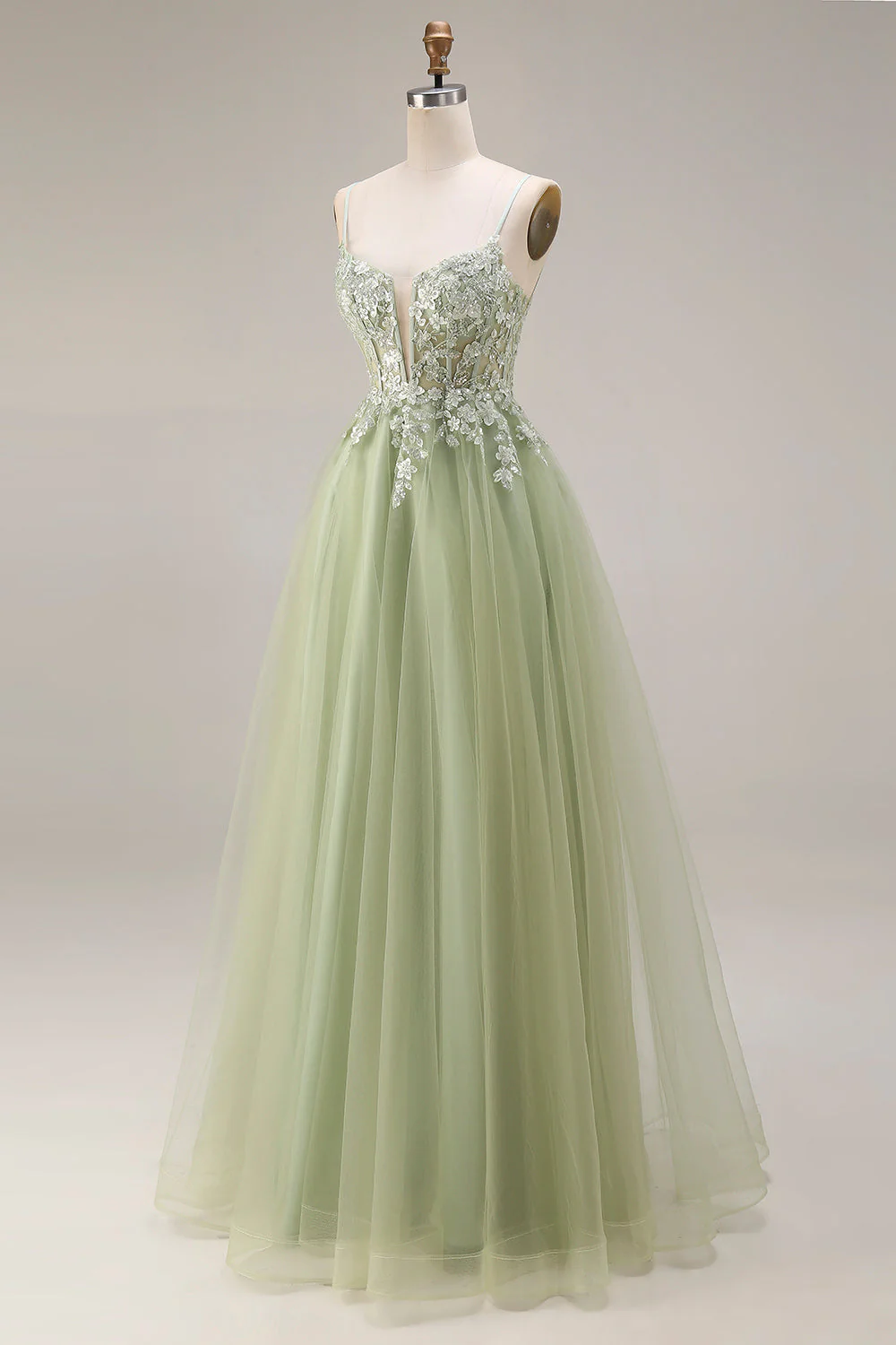 Corset en tulle vert clair ligne A à bretelles fines avec des ongles de promo longue robe de bal - Image 3