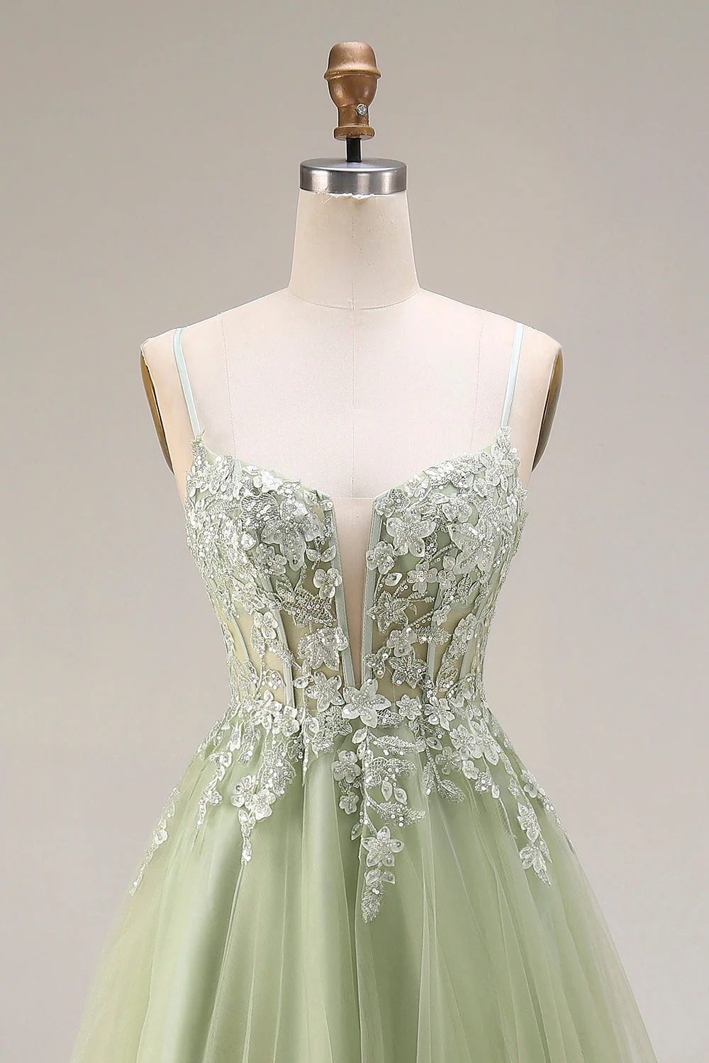 Corset en tulle vert clair ligne A à bretelles fines avec des ongles de promo longue robe de bal - Image 4