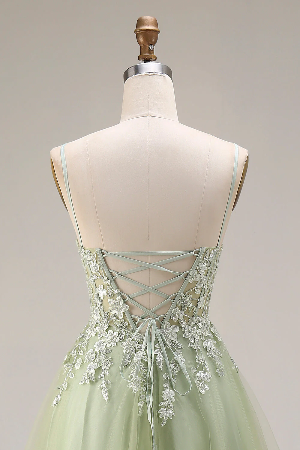 Corset en tulle vert clair ligne A à bretelles fines avec des ongles de promo longue robe de bal - Image 5