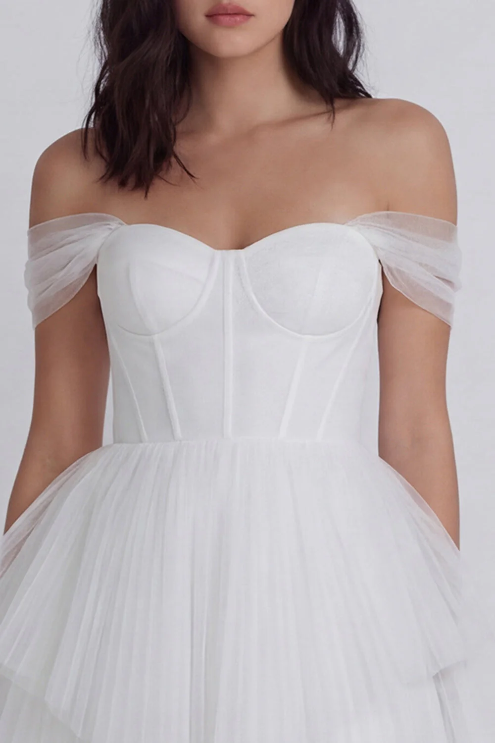 Corset épaule décalé Petite robe blanche en tulle à ligne A - Image 3