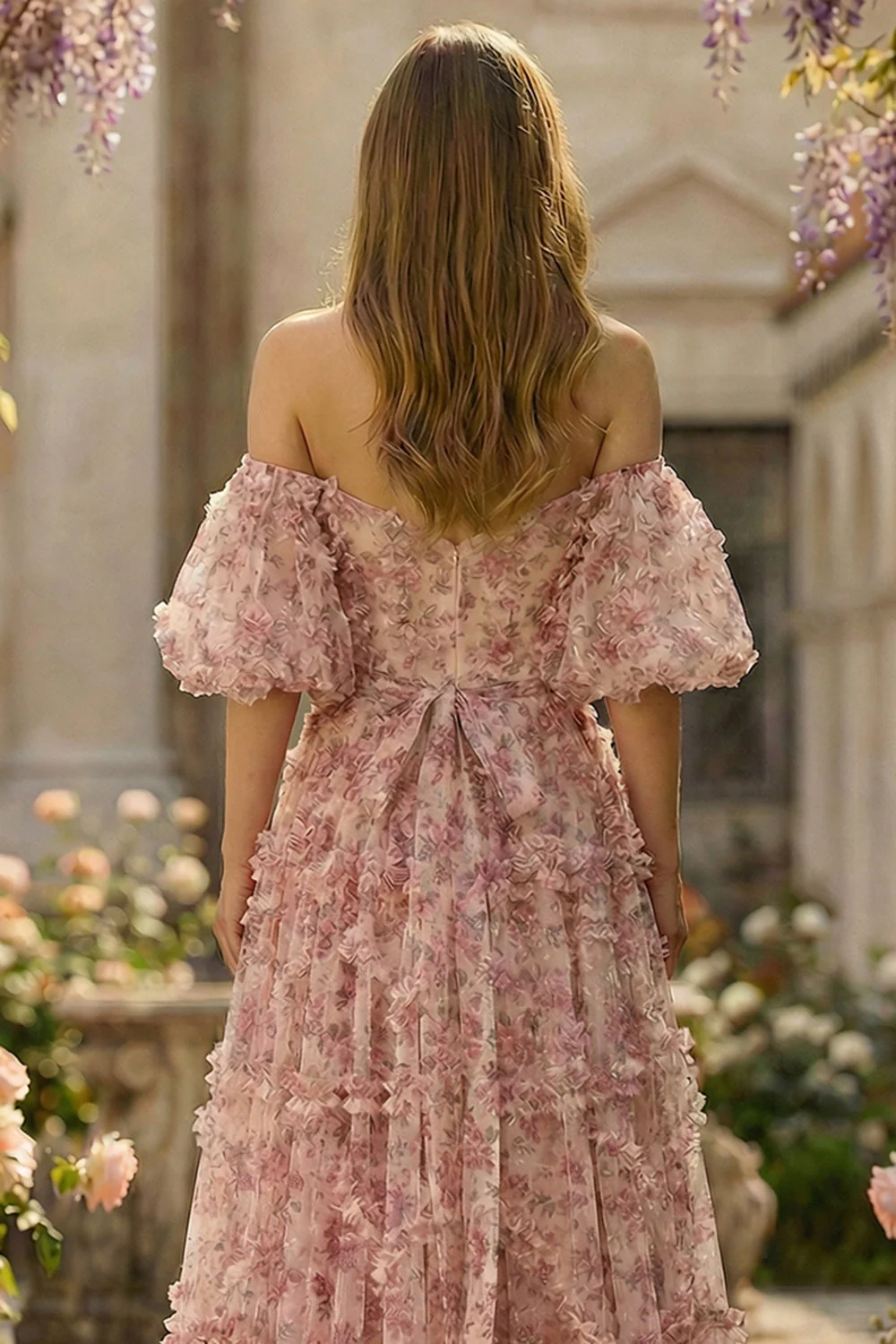 Robe de bal grande taille ivoire ligne A à fleurs rouges épaule dénudée - Image 4