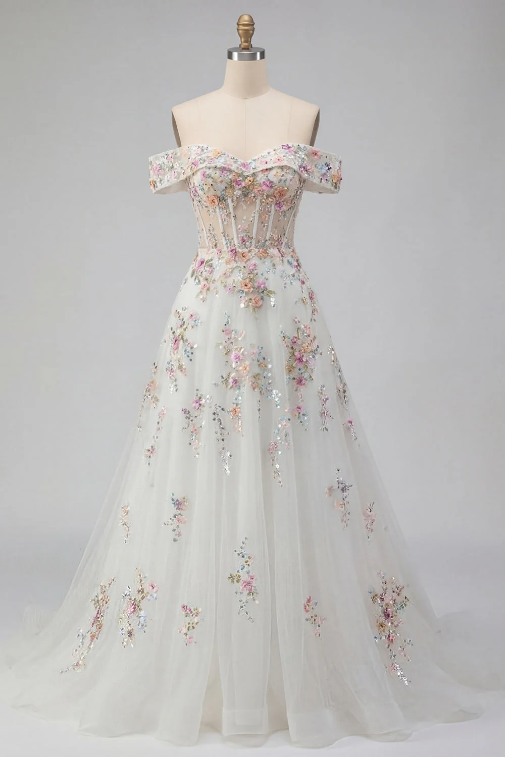 Corset fleuri blanc scintillant perlé sur les épaules Une robe de mariée longue ligne