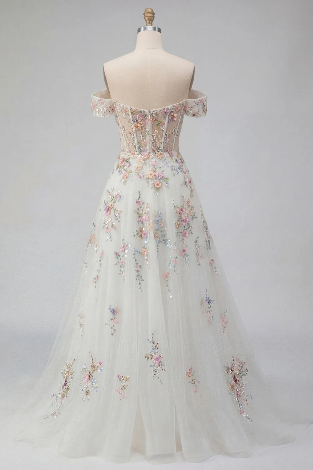 Corset fleuri blanc scintillant perlé sur les épaules Une robe de mariée longue ligne - Image 2