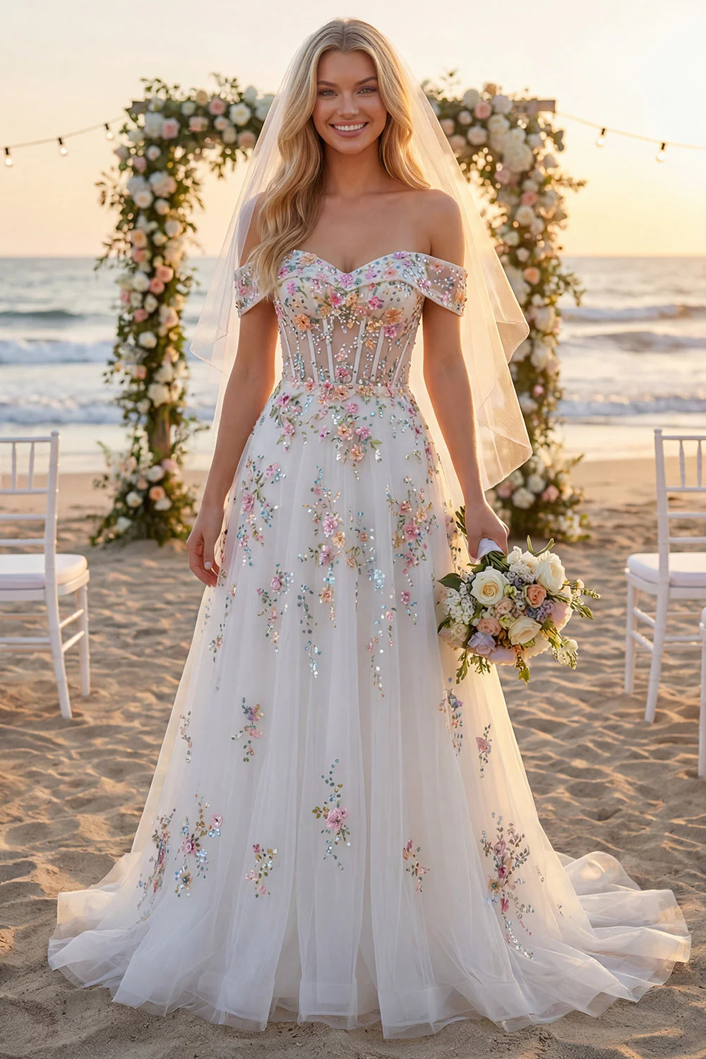 Corset fleuri blanc scintillant perlé sur les épaules Une robe de mariée longue ligne - Image 3