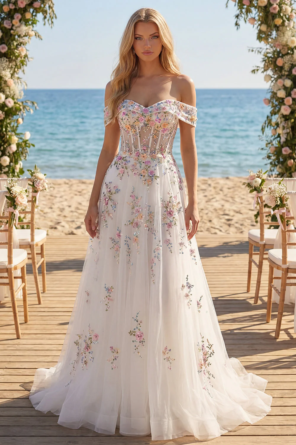 Corset fleuri blanc scintillant perlé sur les épaules Une robe de mariée longue ligne - Image 5