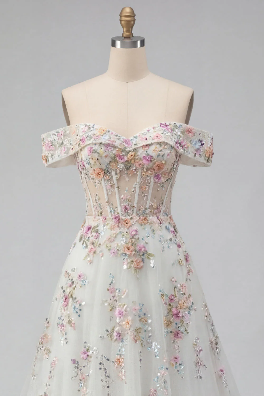 Corset fleuri blanc scintillant perlé sur les épaules Une robe de mariée longue ligne - Image 7