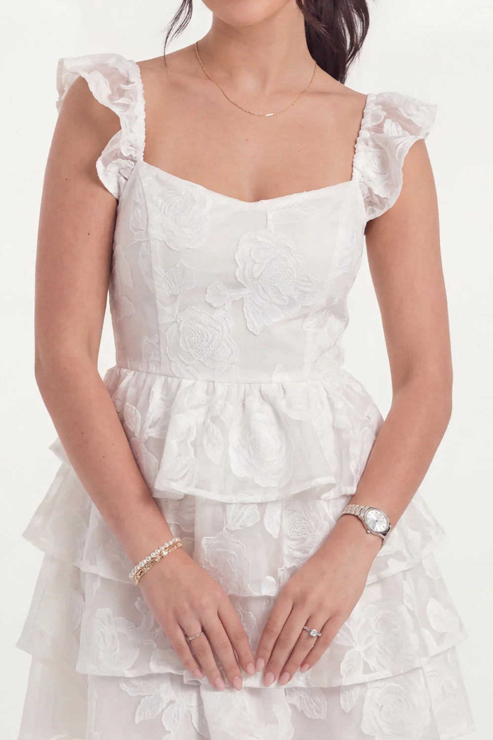 Corset fleuri blanc Une robe de remise de diplôme courte à volants à plusieurs niveaux - Image 3