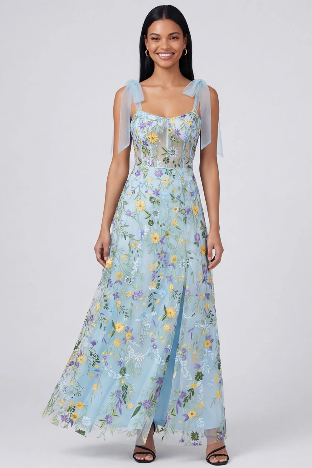 Corset fleuri bleu A Line Maxi avec fente - Image 3