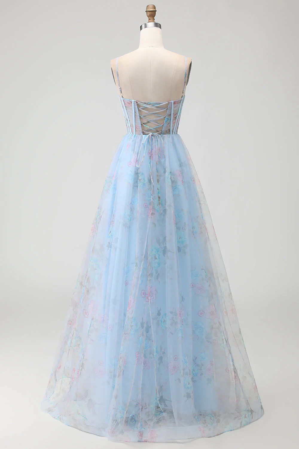 Corset fleuri bleu Une robe de bal longue à bretelles fines avec fente - Image 2