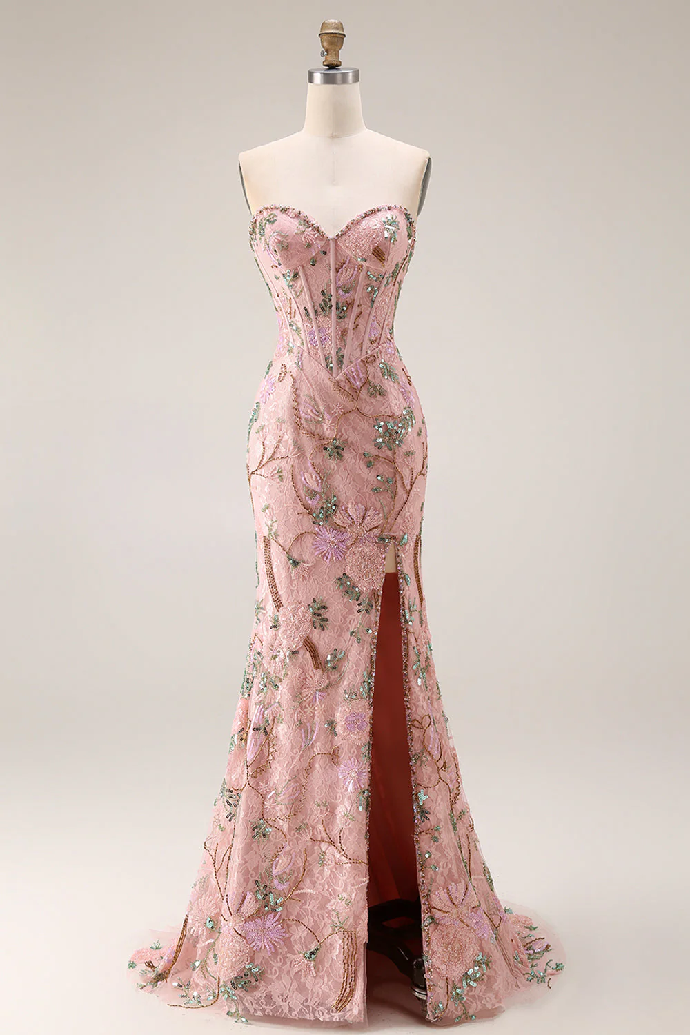Corset fleuri perlé sans bretelles robe de bal longue ajustée avec fente de jupe