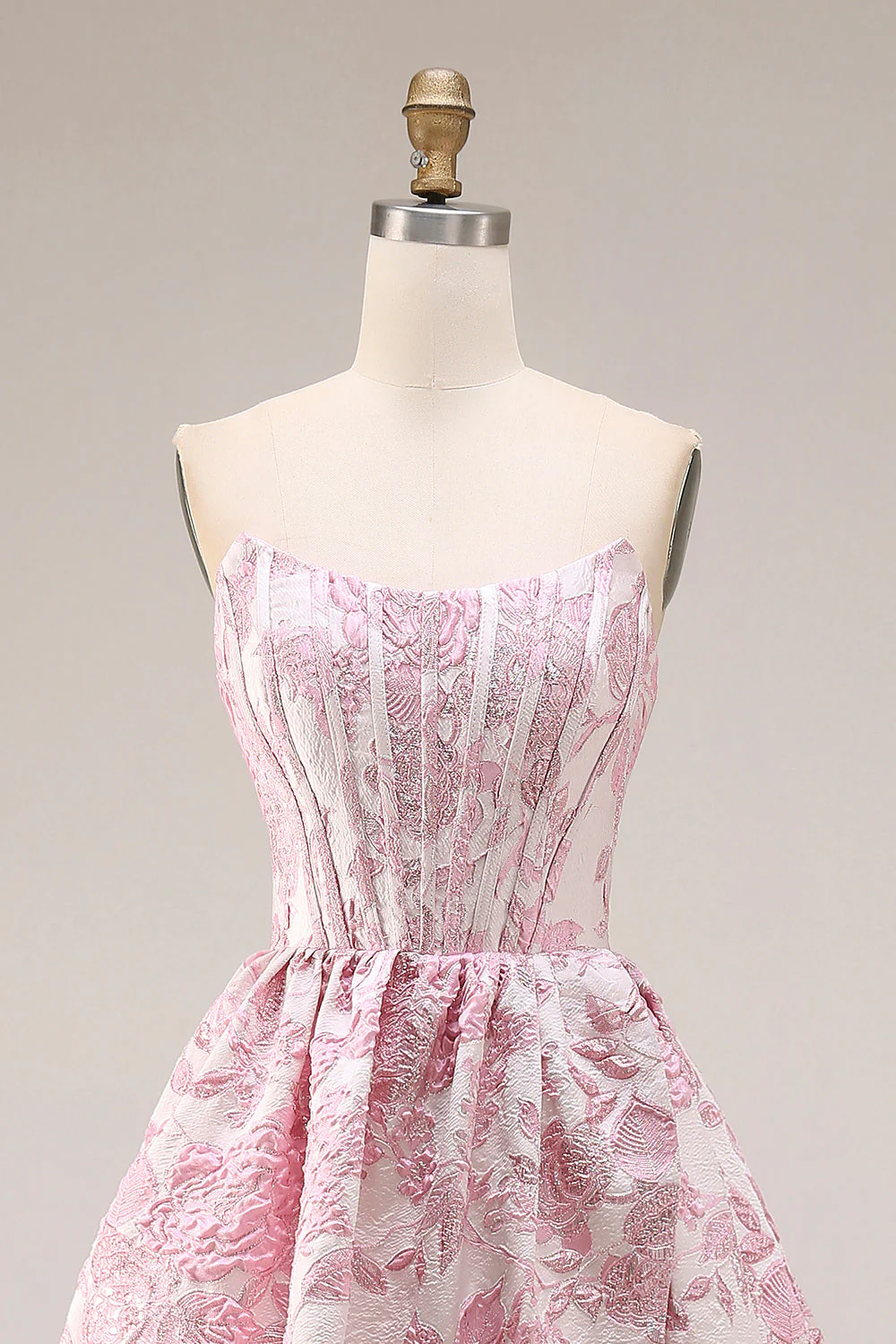 Corset fleuri rose bustier Jacquard brocart en brocart A avec une longue robe de bal avec fente - Image 4