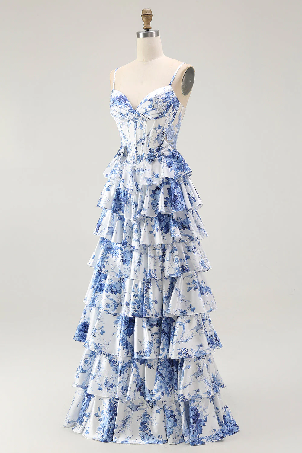 Corset floral blanc bleu Une robe de bal à plusieurs niveaux - Image 3