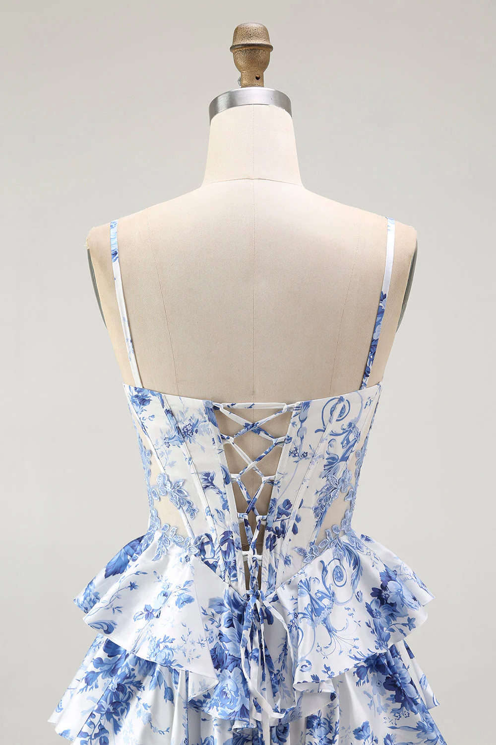 Corset floral blanc bleu Une robe de bal à plusieurs niveaux - Image 5