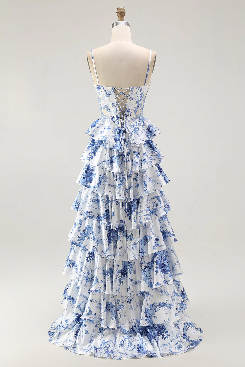 Corset floral blanc bleu Une Robe de soirée à plusieurs niveaux - Image 2