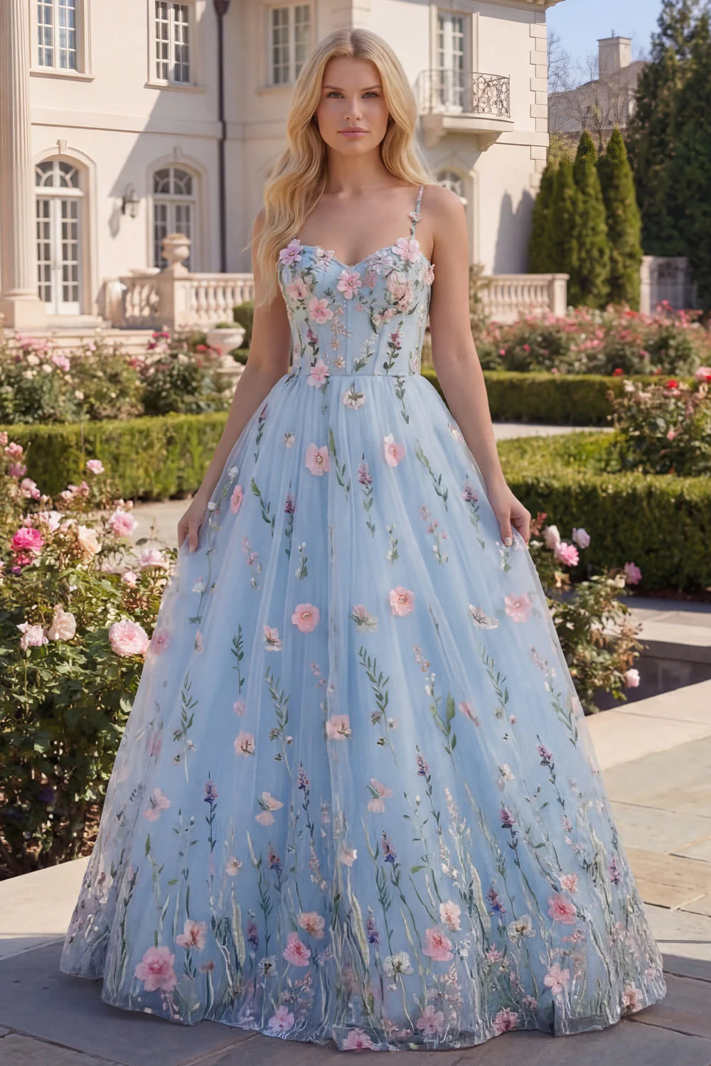 Corset floral en tulle bleu A-Line avec appliques, longue robe de bal avec fleurs 3D