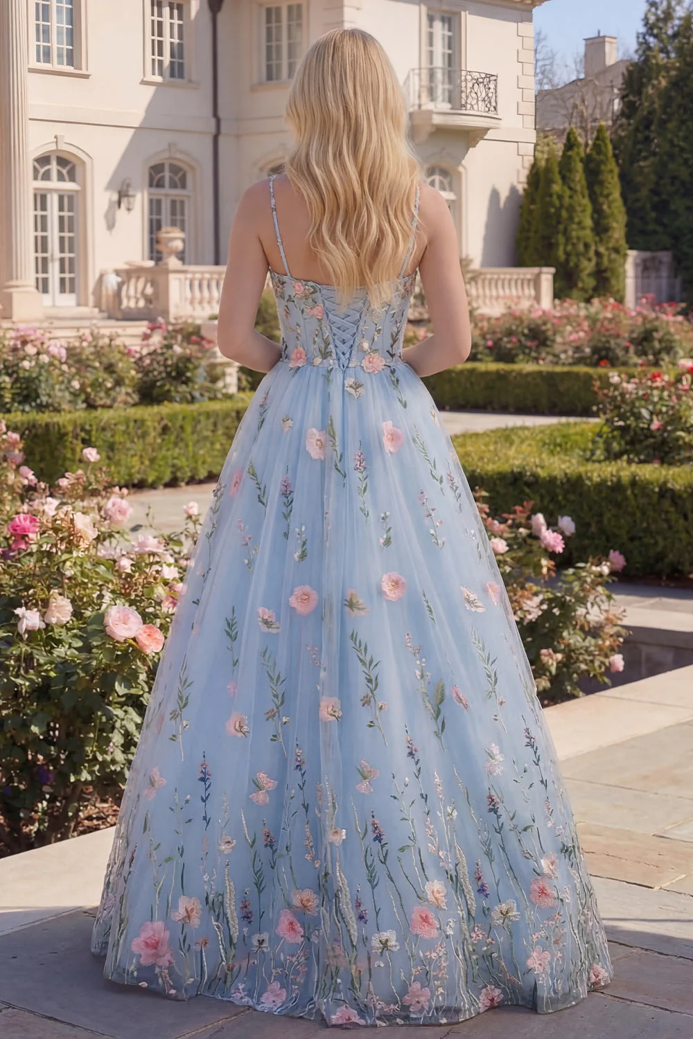 Corset floral en tulle bleu A-Line avec appliques, longue robe de bal avec fleurs 3D - Image 2