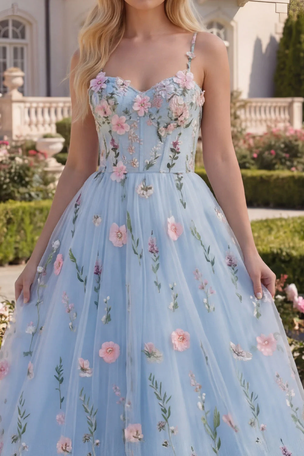 Corset floral en tulle bleu A-Line avec appliques, longue robe de bal avec fleurs 3D - Image 3