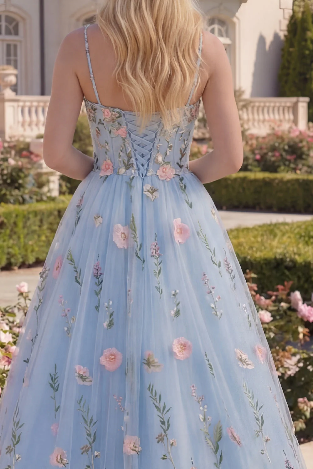 Corset floral en tulle bleu A-Line avec appliques, longue robe de bal avec fleurs 3D - Image 4