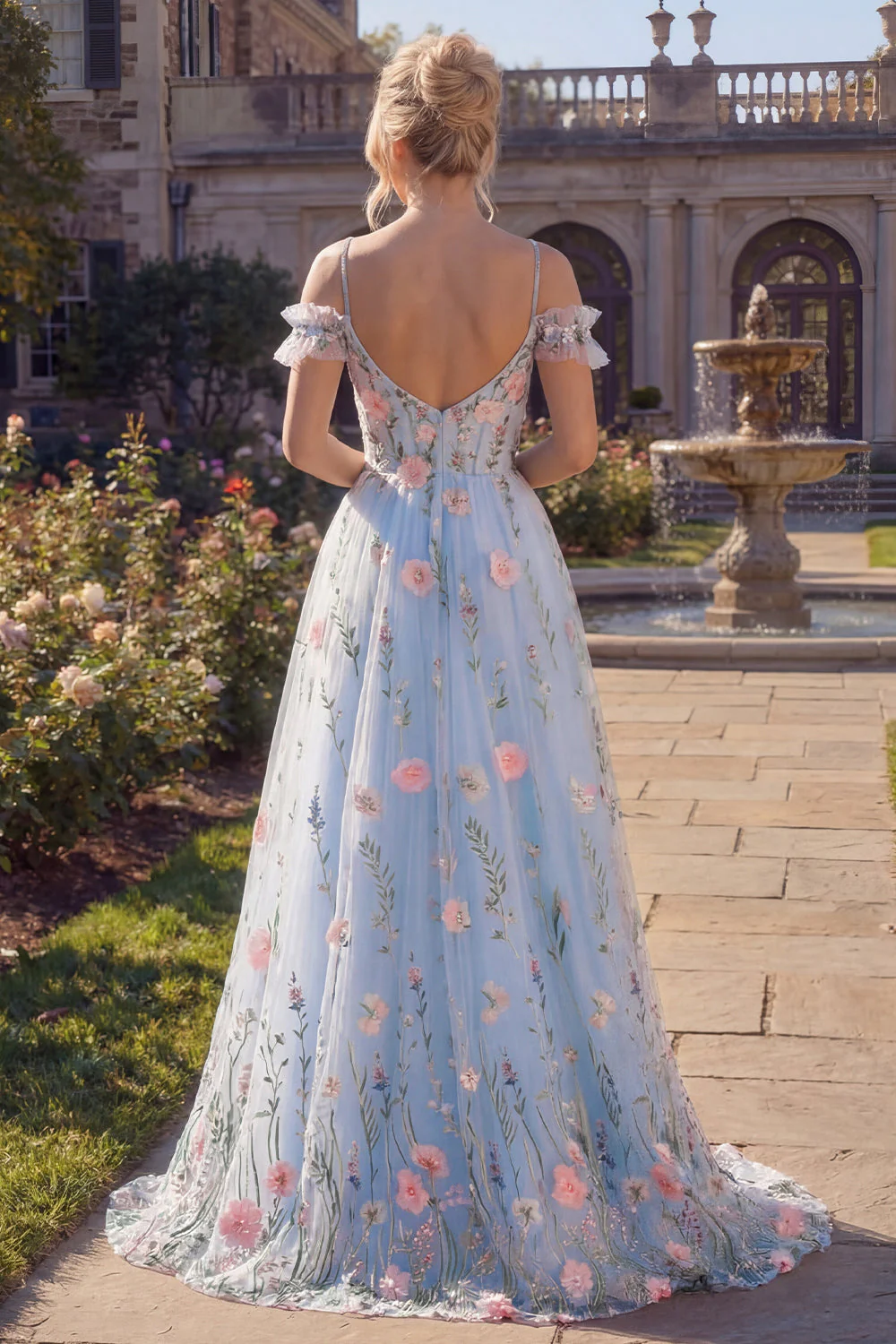 Corset floral en tulle ligne A bleu à épaules froides, longue robe de bal appliquée avec fleurs 3D - Image 2