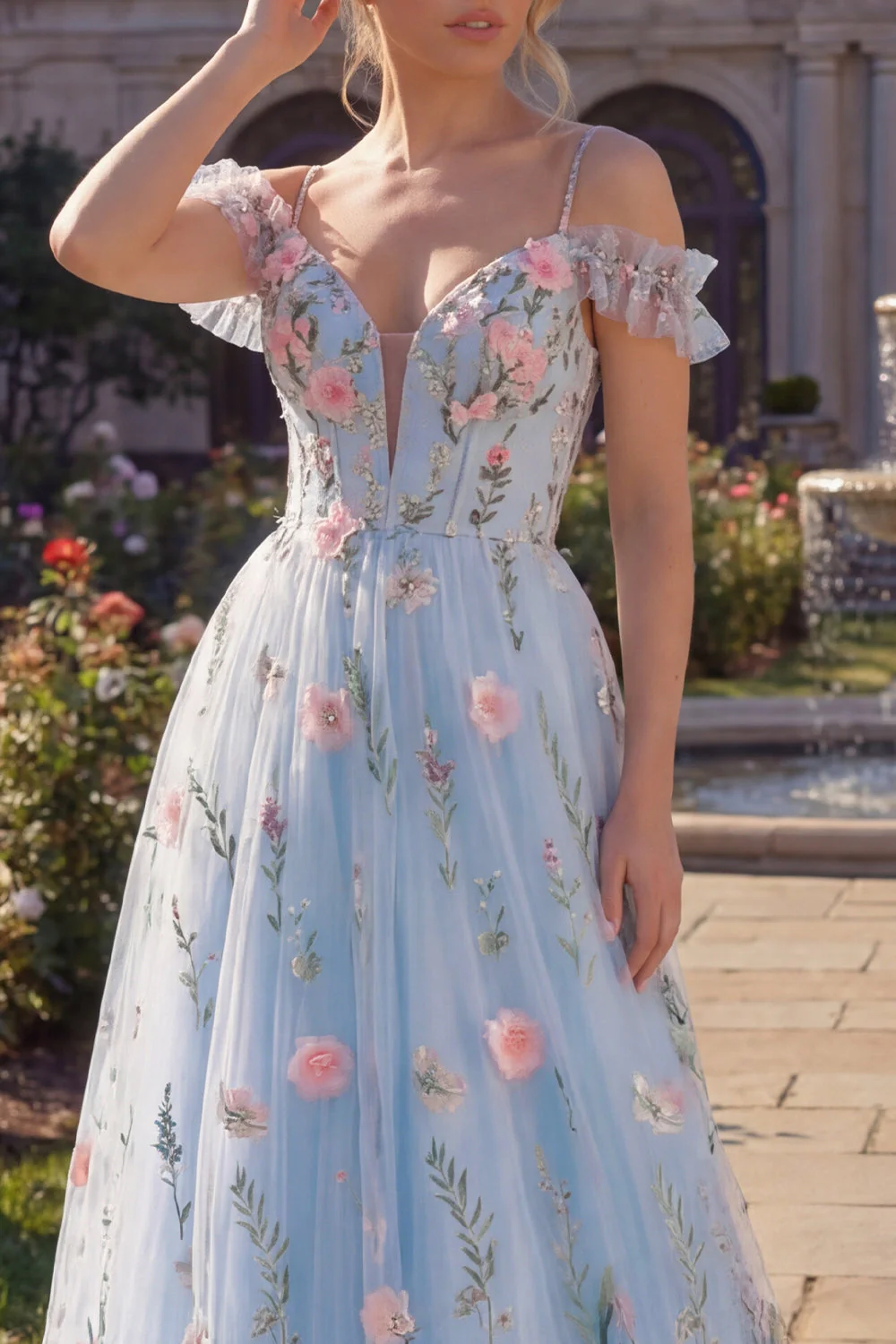 Corset floral en tulle ligne A bleu à épaules froides, longue robe de bal appliquée avec fleurs 3D - Image 3