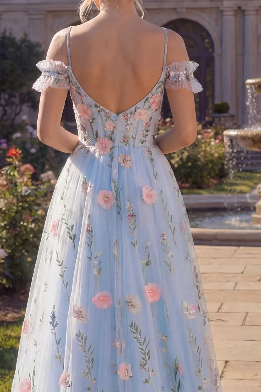 Corset floral en tulle ligne A bleu à épaules froides, longue robe de bal appliquée avec fleurs 3D - Image 4