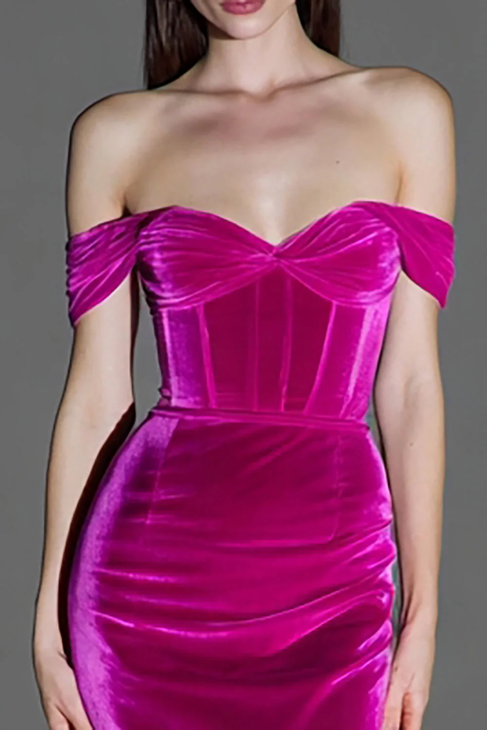 Corset fuchsia épaule dénudée sirène Maxi robe formelle en velours - Image 2