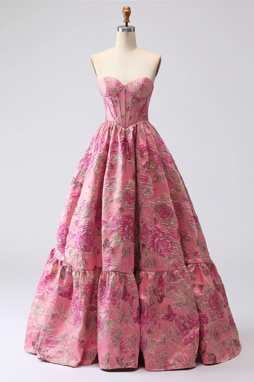 Corset Fuchsia Jacquard A Line Longue robe de bal sans bretelles