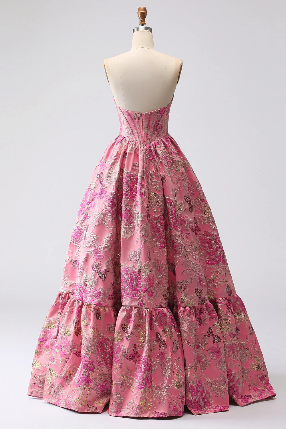 Corset Fuchsia Jacquard A Line Longue robe de bal sans bretelles - Image 2