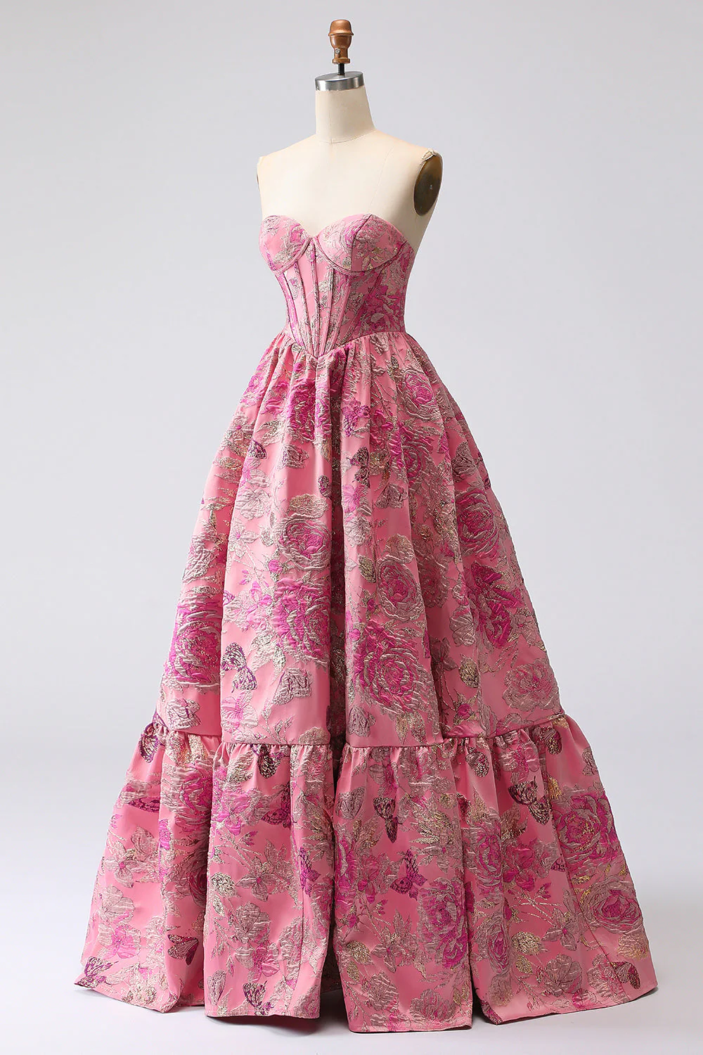 Corset Fuchsia Jacquard A Line Longue robe de bal sans bretelles - Image 3